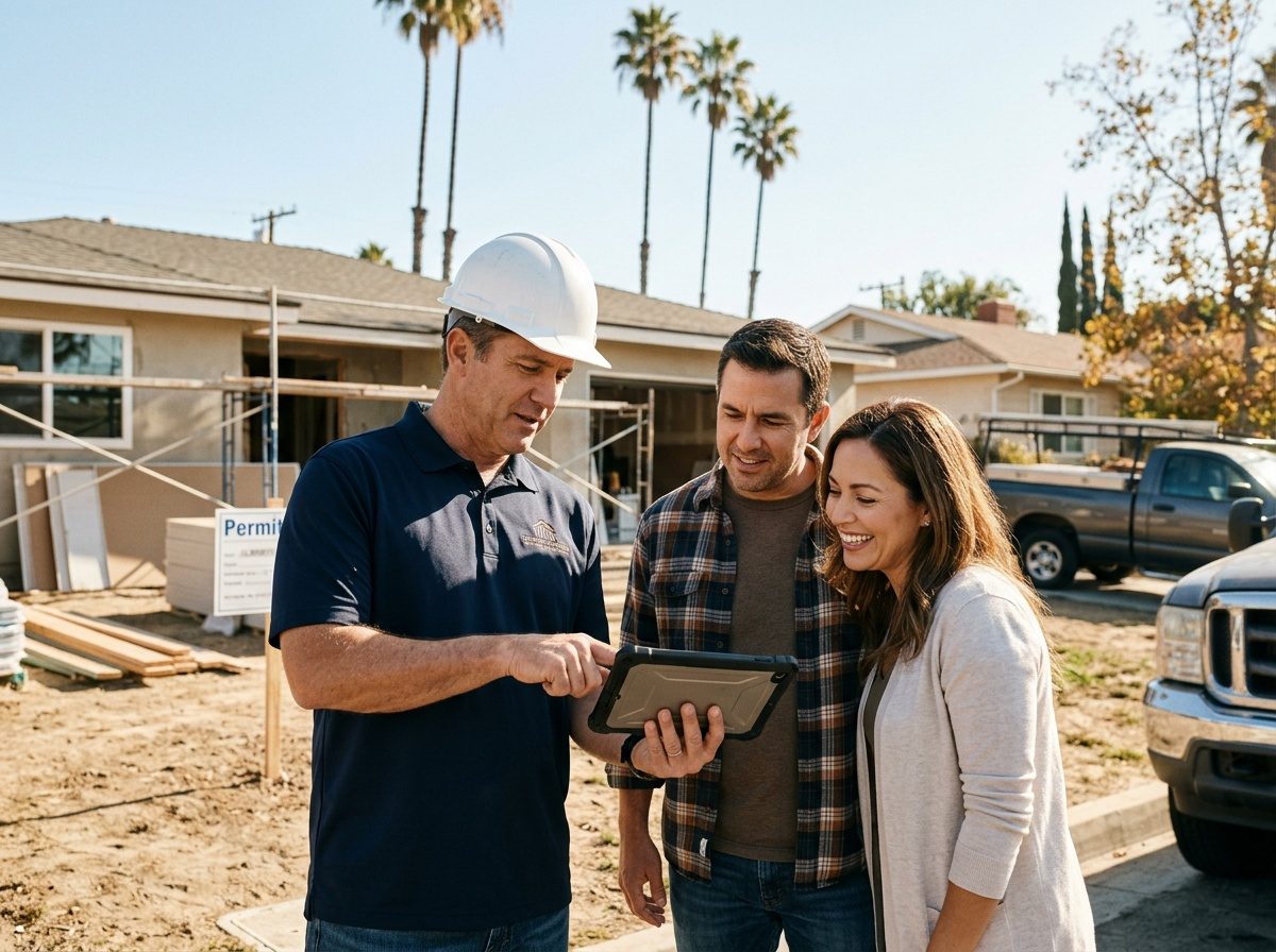 Clear Vision Construction project manager reviewing plans with homeowners on site